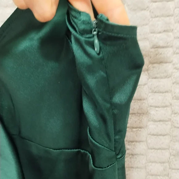 12th Tribe Green Satin Ruffle Maxi Dress High Slit-Medium - Picture 12 of 15